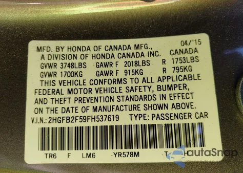 2015 Honda Civic Lx z USA, uszkodzony, nr VIN 2HGFB2F59FH537619